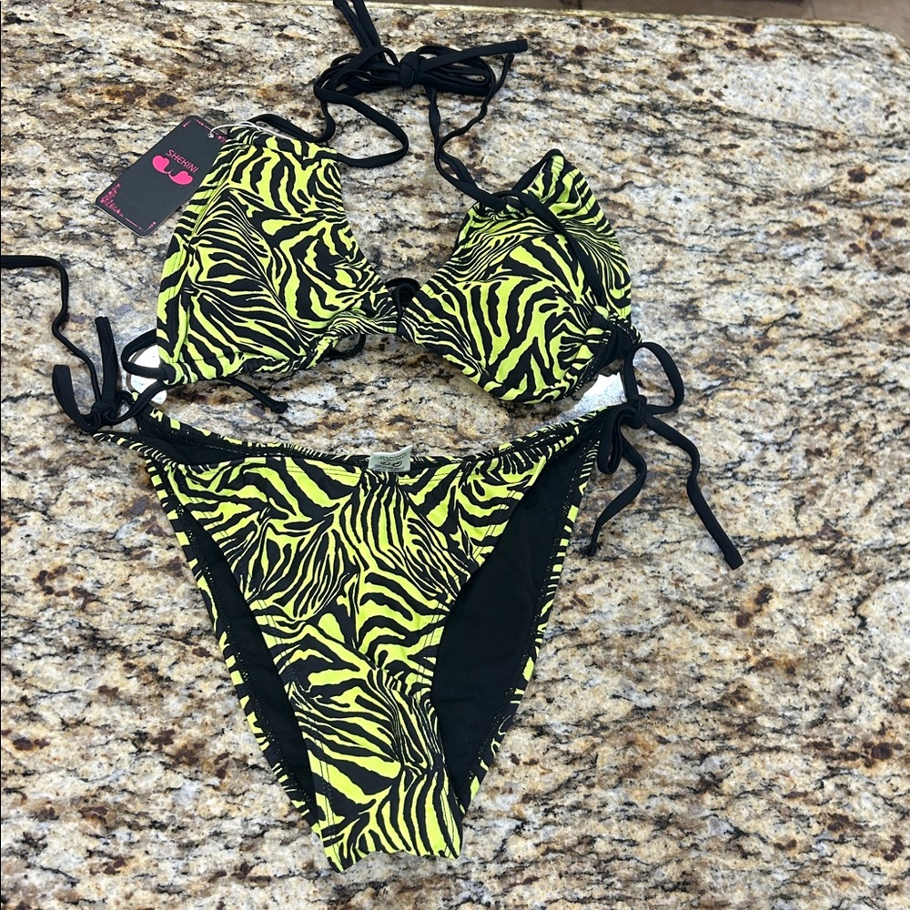 NWT Shekini from Amazon Neon Yellow & Black Bikini Set